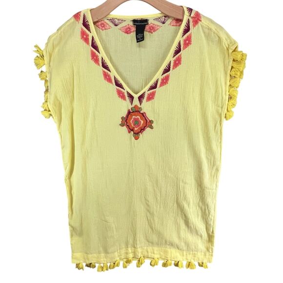 Moda International Tops - Moda International  Y2K Tunic Top S Butter Yellow Embroidered Tassels Boho Beach